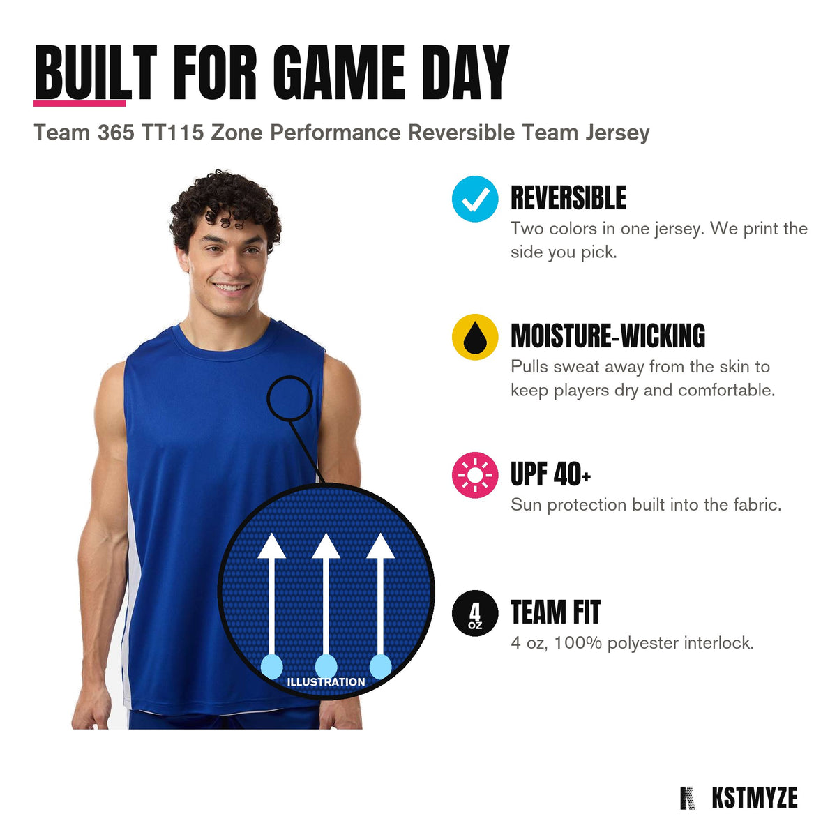 Built for game day: Team 365 TT115 Zone Performance Reversible Team Jersey in Sport Royal/ White, with reversible; moisture-wicking; upf 40+; team fit