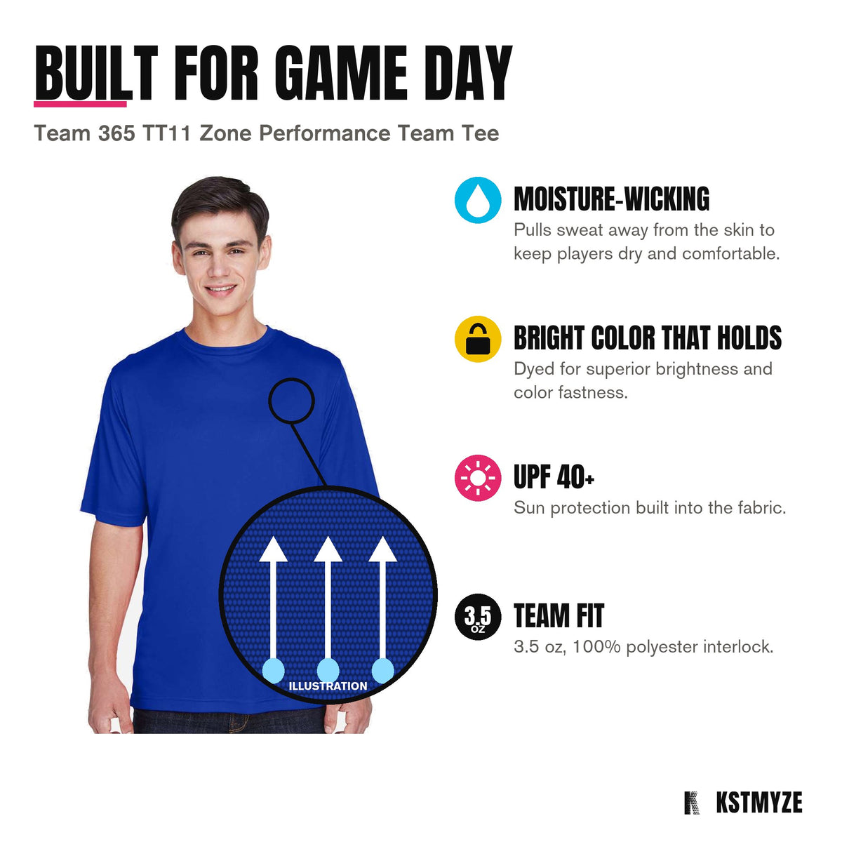 Built for game day: Team 365 TT11 Zone Performance Team Tee in Sport Royal, with moisture-wicking; bright color that holds; upf 40+; team fit