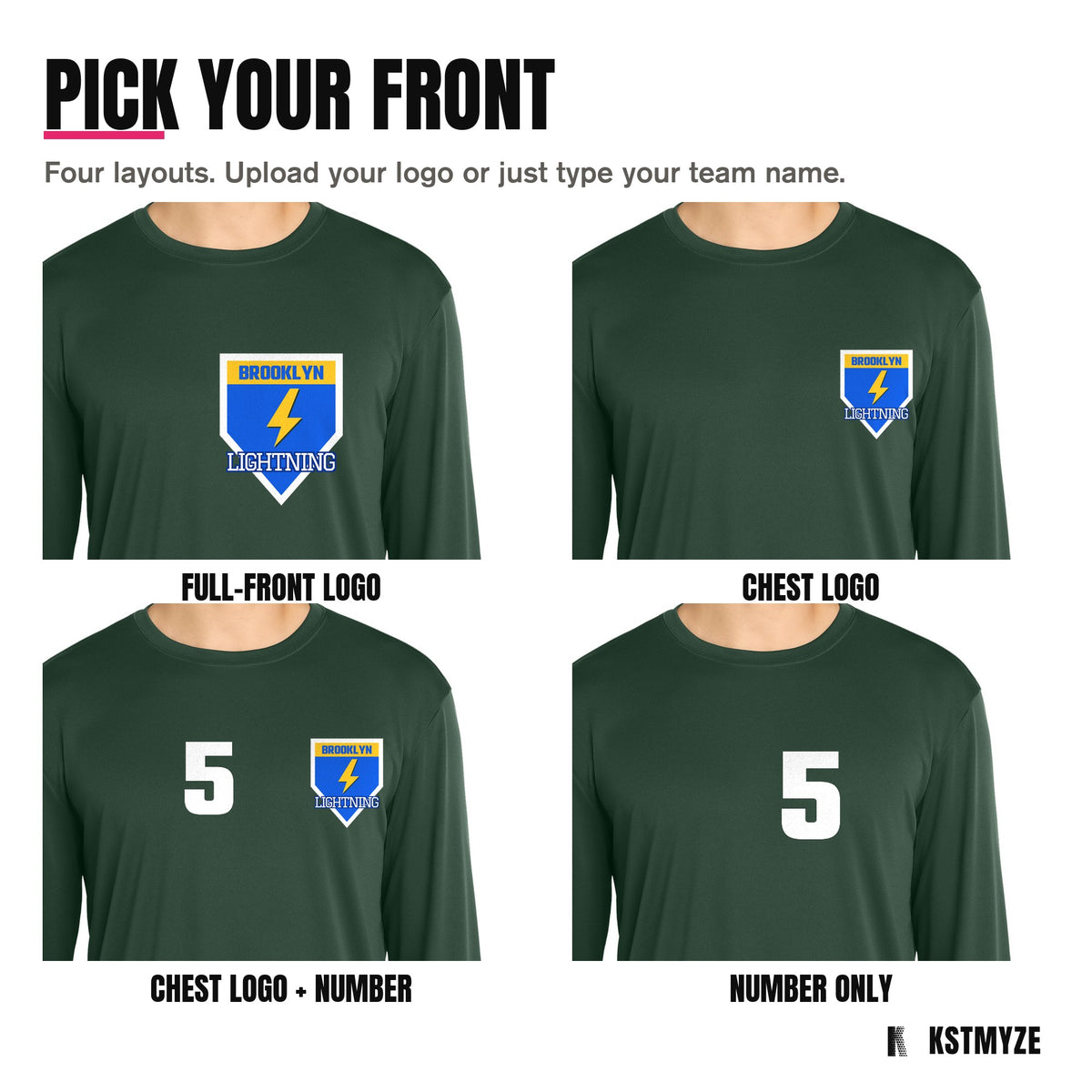 Four front layouts on the Sport-Tek ST350LS Long Sleeve PosiCharge Competitor Team Tee: full-front logo, chest logo, chest logo with a number, and number only