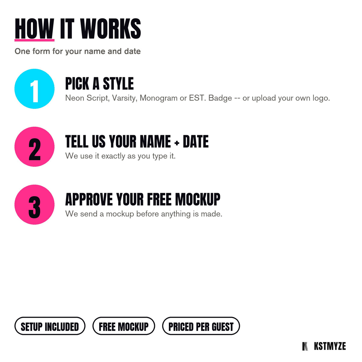 How it works: pick a style, tell us your name and date, approve your free mockup. Setup included, priced per guest