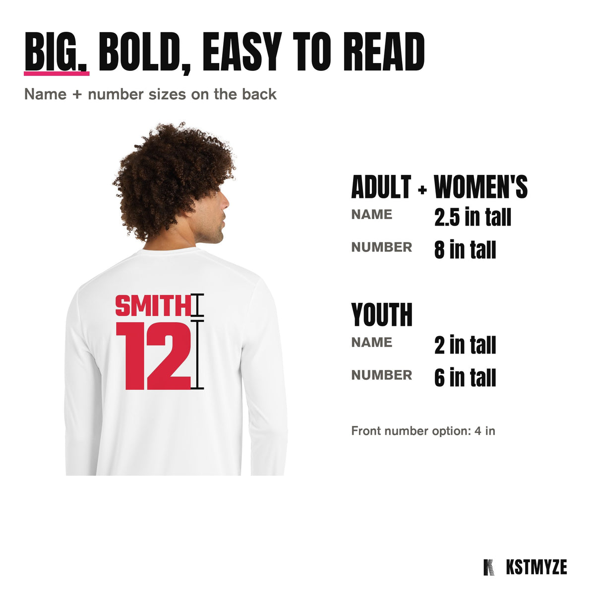 Name and number sizes: adult name 2.5 inches, number 8 inches; youth name 2 inches, number 6 inches