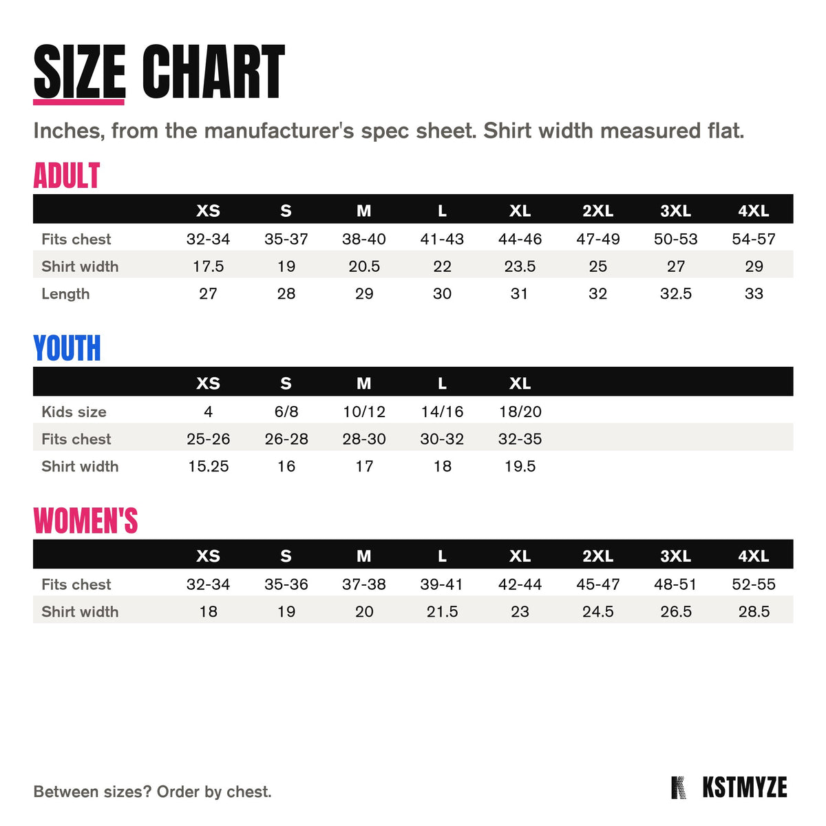 Port & Company PC380 Performance Team Tee size chart: adult XS to 4XL, youth XS to XL, women's XS to 4XL, in inches