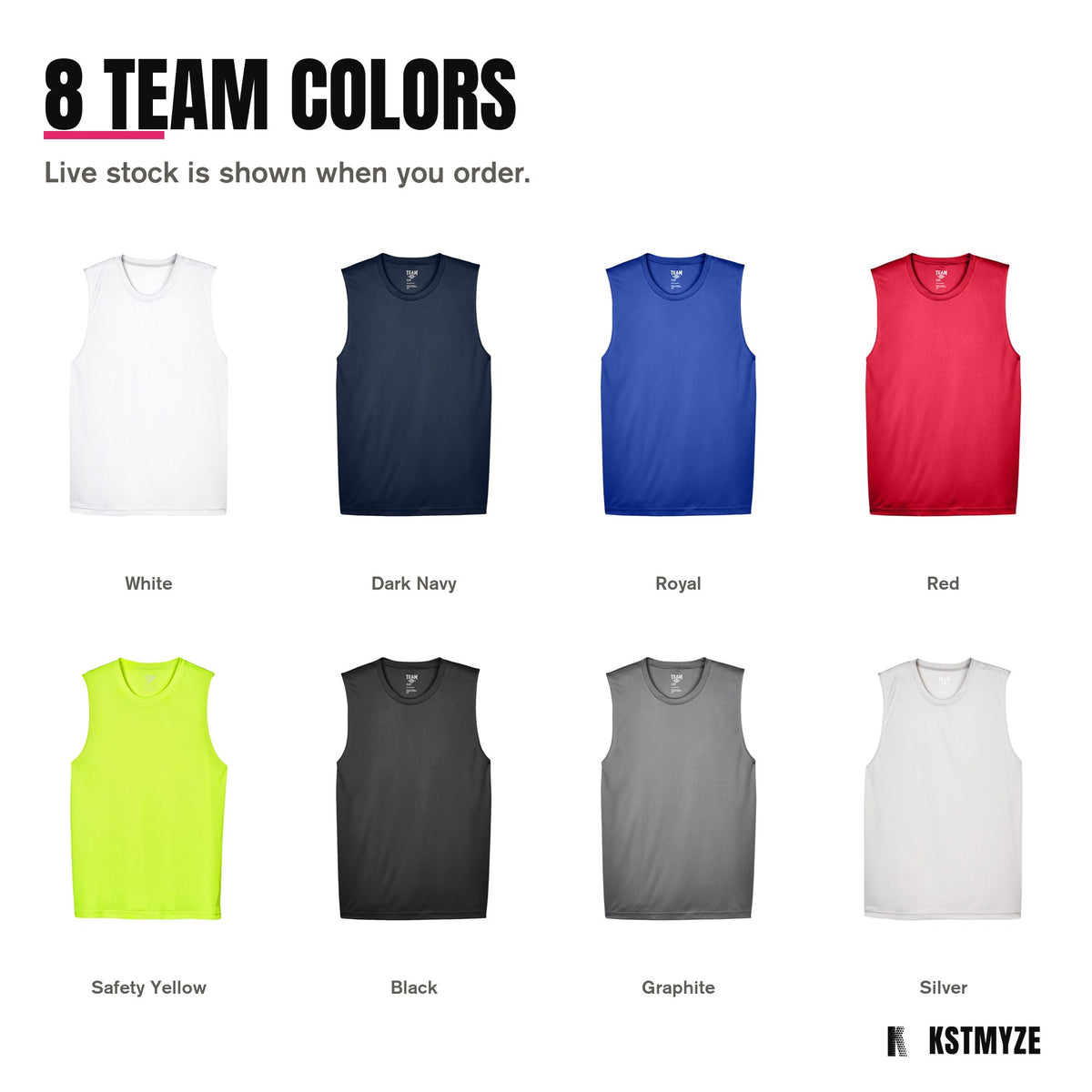 Team 365 TT11M Zone Performance Muscle Team Tee in 8 colors, including White, Sport Dark Navy, Sport Royal, Sport Red, Safety Yellow, Black, Sport Graphite, Sport Silver