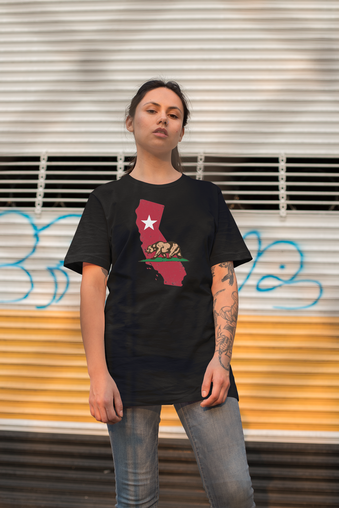 California Republic State Flag Bear Design Men's T-Shirt Black