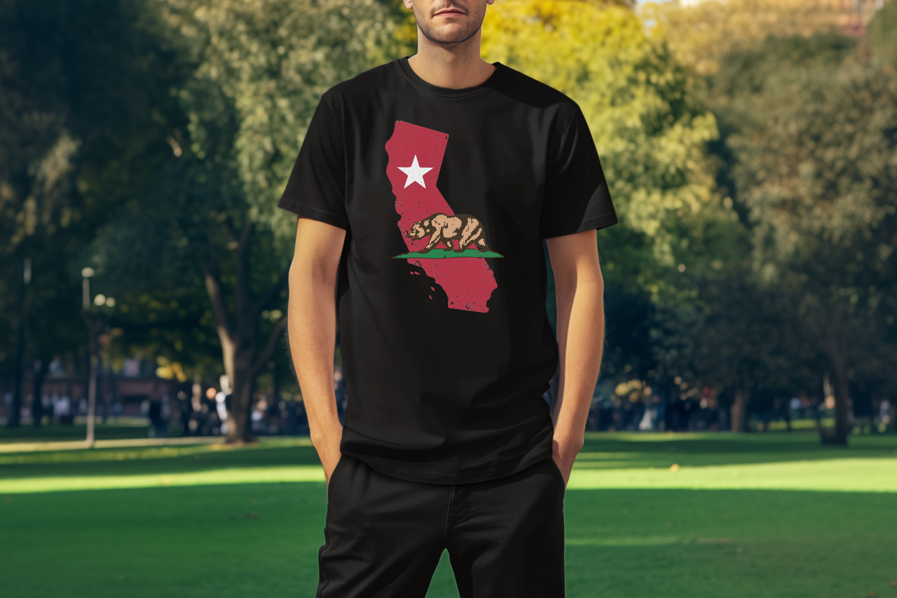 California Republic State Flag Bear Design Men's T-Shirt Black