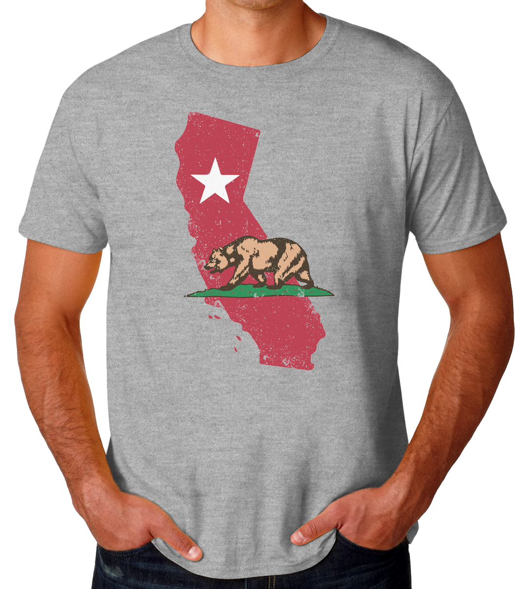 California Republic State Flag Bear Design Men's T-Shirt Heather Gray Cotton Blend Tee