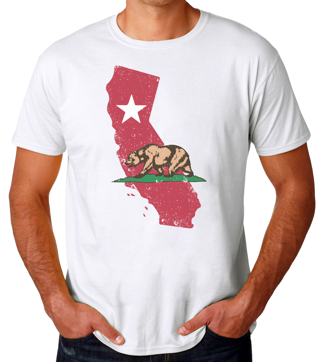 California Republic State Flag Bear Design Men's T-Shirt White 100% Cotton Unisex Tee