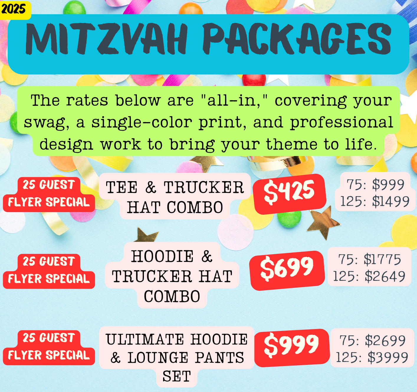 Promotional flyer for Mitzvah packages with pricing and contact information.