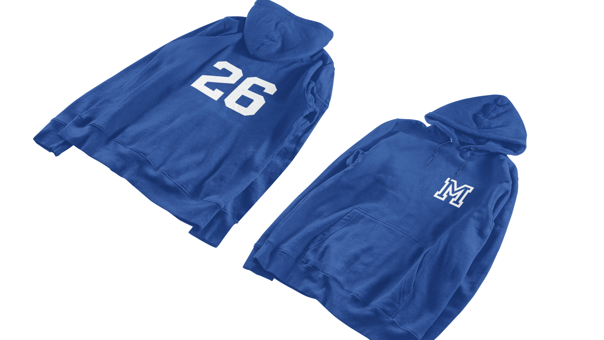 Two blue hoodies with numbers and letters on a white background