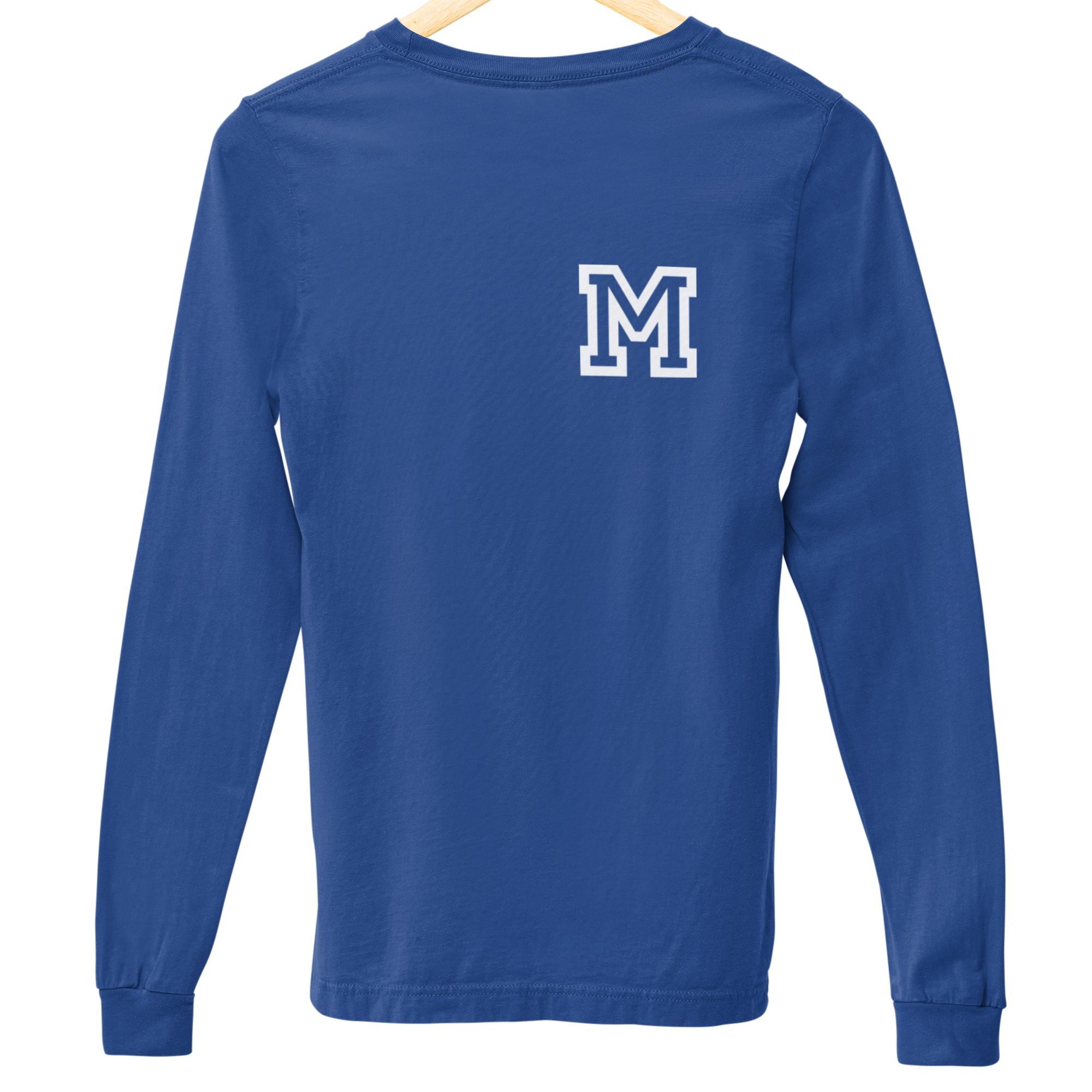 Blue long-sleeve shirt with a white 'M' on a hanger against a white background