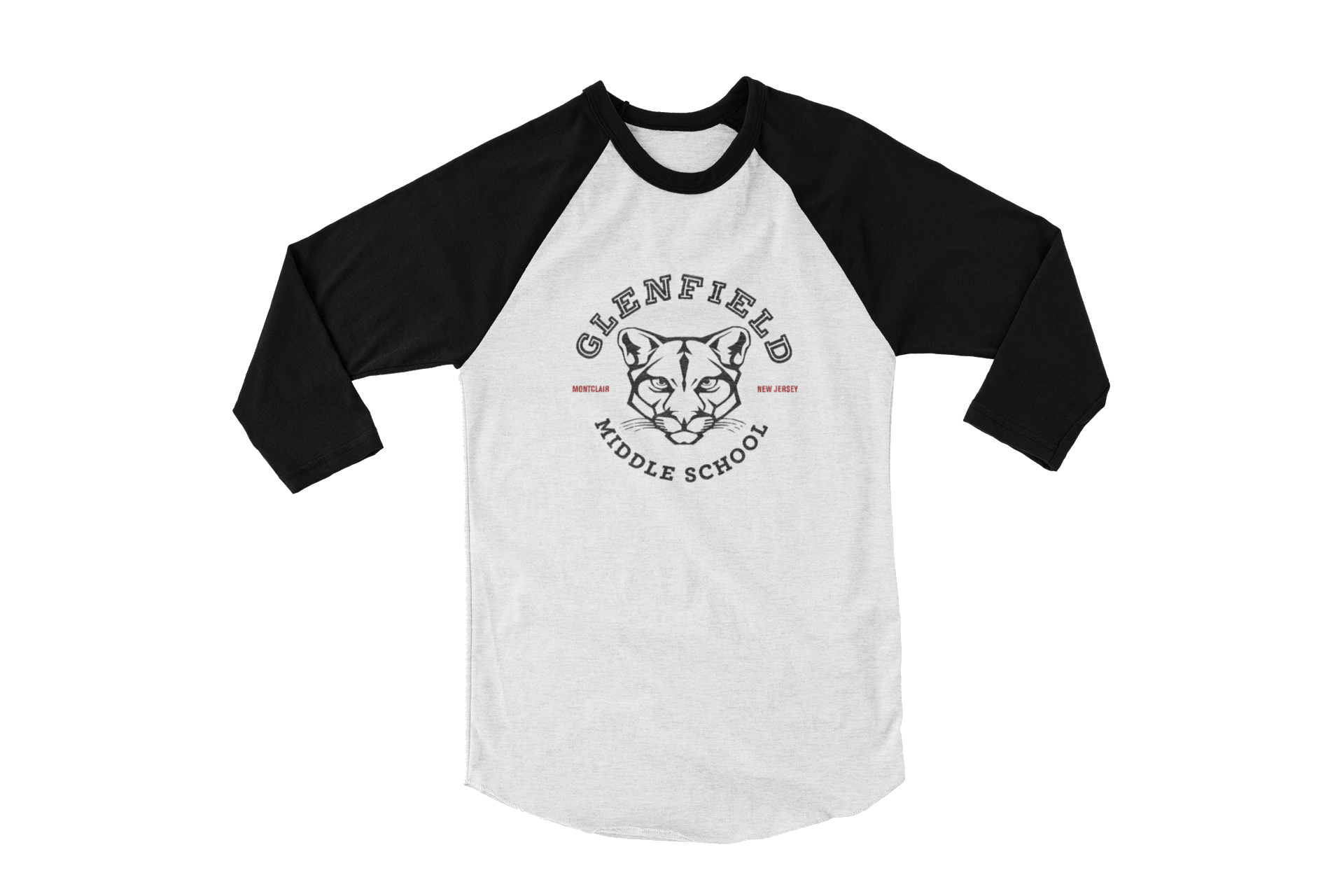 Glenfield Middle School cougar crest 3/4 sleeve raglan tee, white body with black sleeves