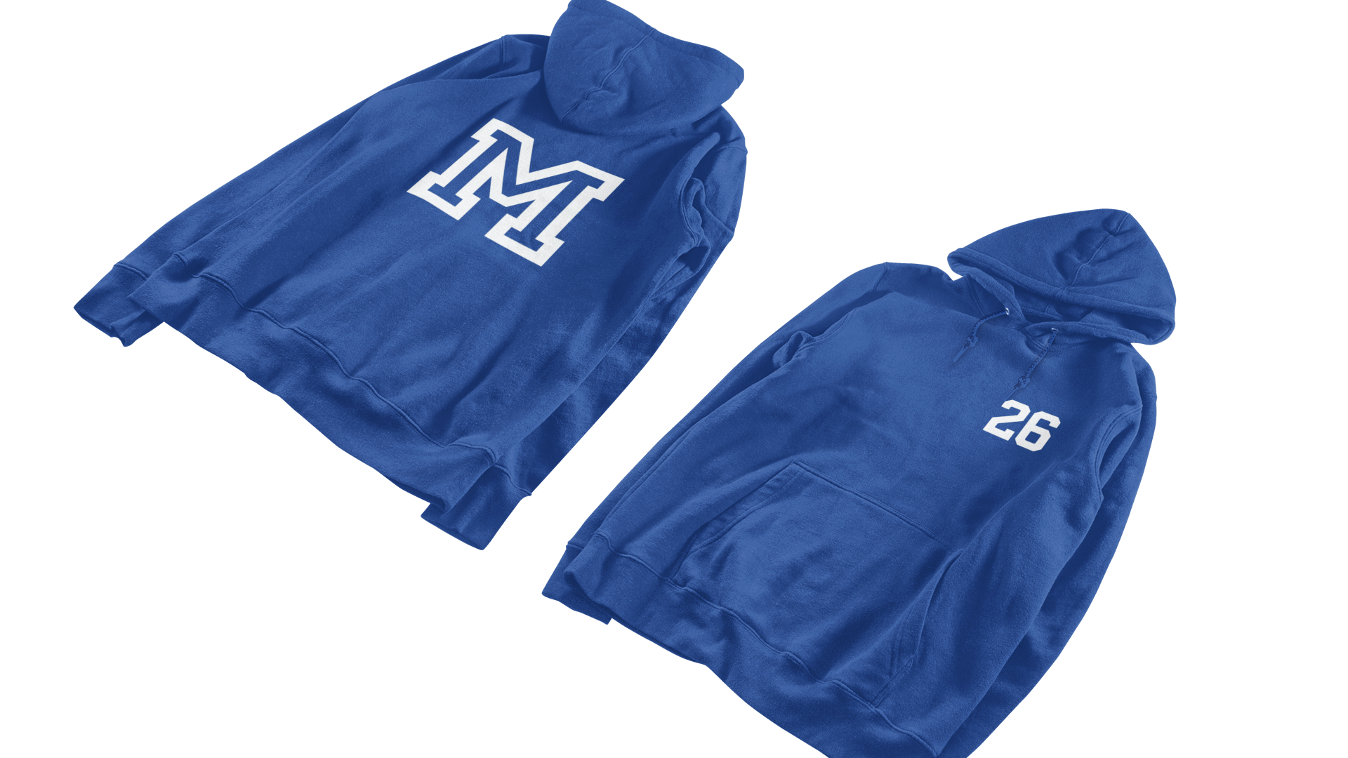 Two blue hoodies with a letter 'M' and number '26' on a white background