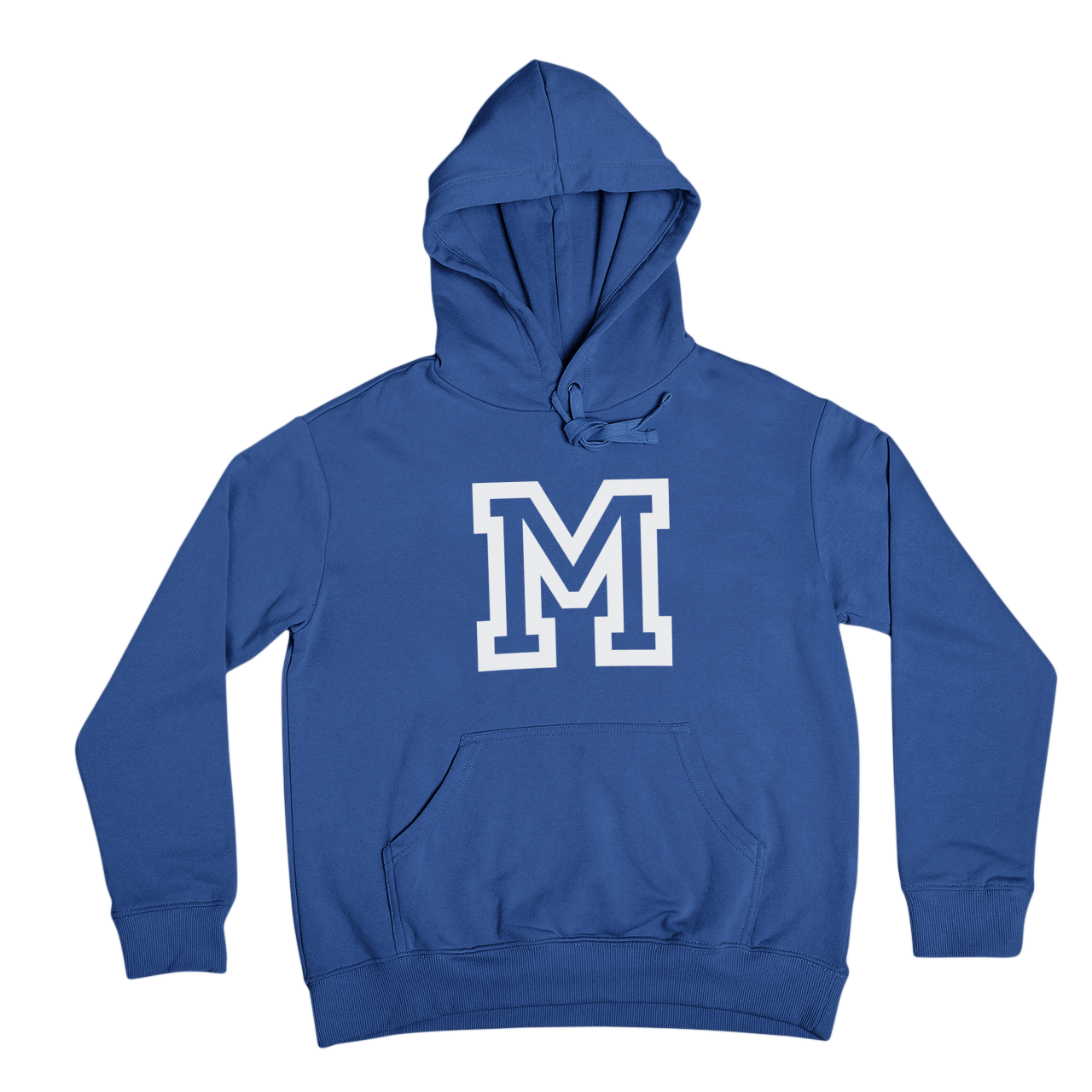 Blue hoodie with a white 'M' on a white background