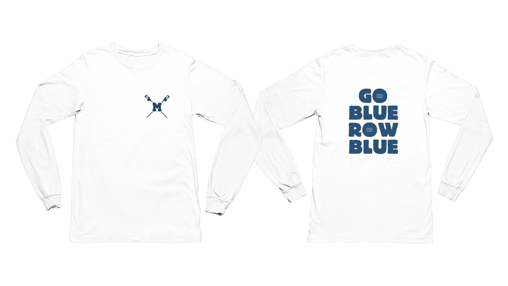 White long-sleeve shirt with blue text and logo on a white background