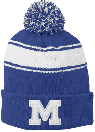 MHS Stripe Pom Pom Beanie Royal & White M Design / Embroidered