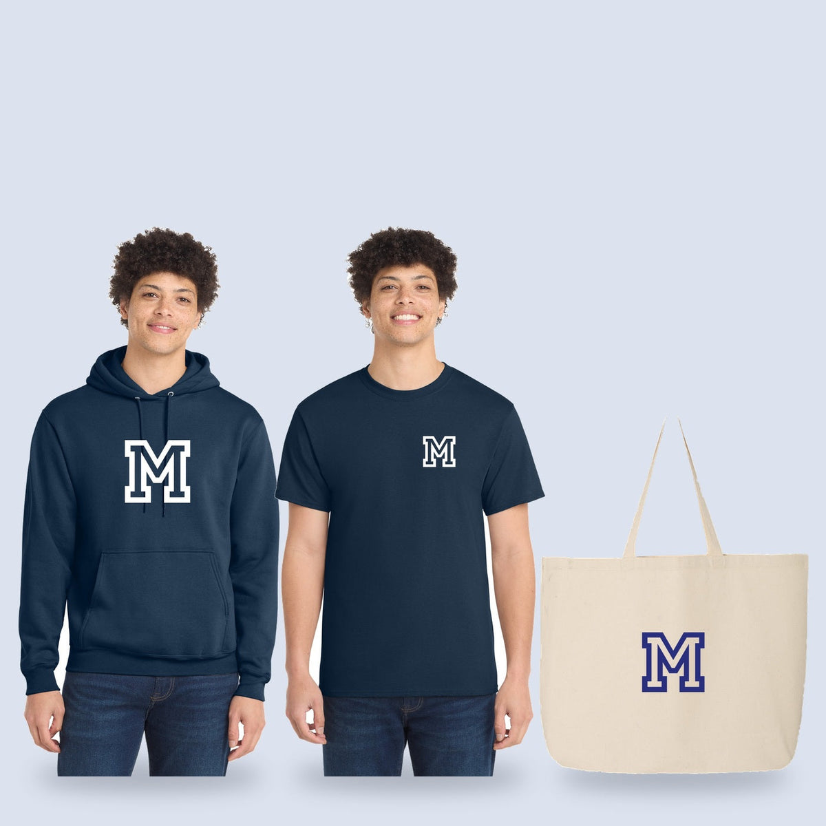 Montclair High School spirit wear kit with a hoodie, a tee and a jumbo tote, all with the M design