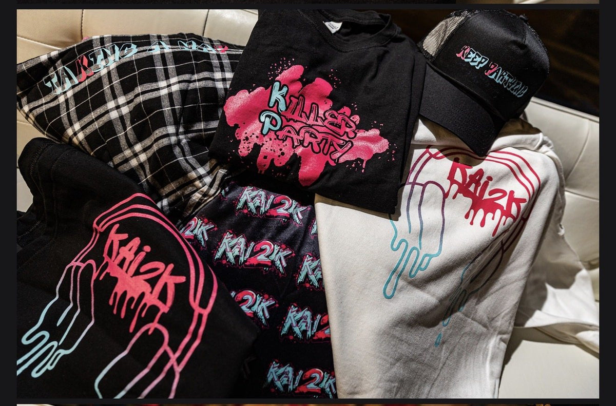 Custom bar mitzvah merch printed by KSTMYZE, including a tee, hoodie, sweatpants, trucker cap and flannel pants