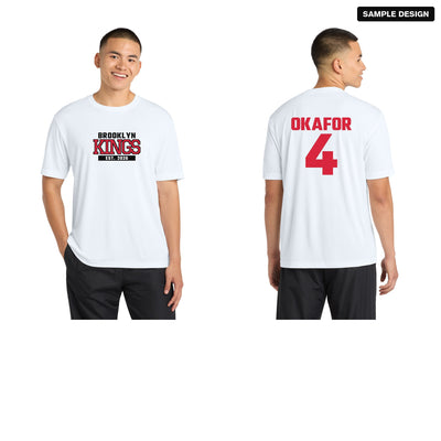 Sport-Tek ST350 team tee in white with a sample Brooklyn Kings logo on the front, and the back with player name OKAFOR and number 4