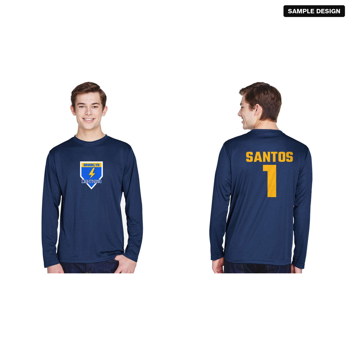 Team 365 TT11L Zone Performance Long Sleeve Team Tee in Sport Dark Navy with a sample team logo on the front, and the back with player name SANTOS and number 1