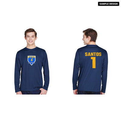 Team 365 TT11L Zone Performance Long Sleeve Team Tee in Sport Dark Navy with a sample team logo on the front, and the back with player name SANTOS and number 1