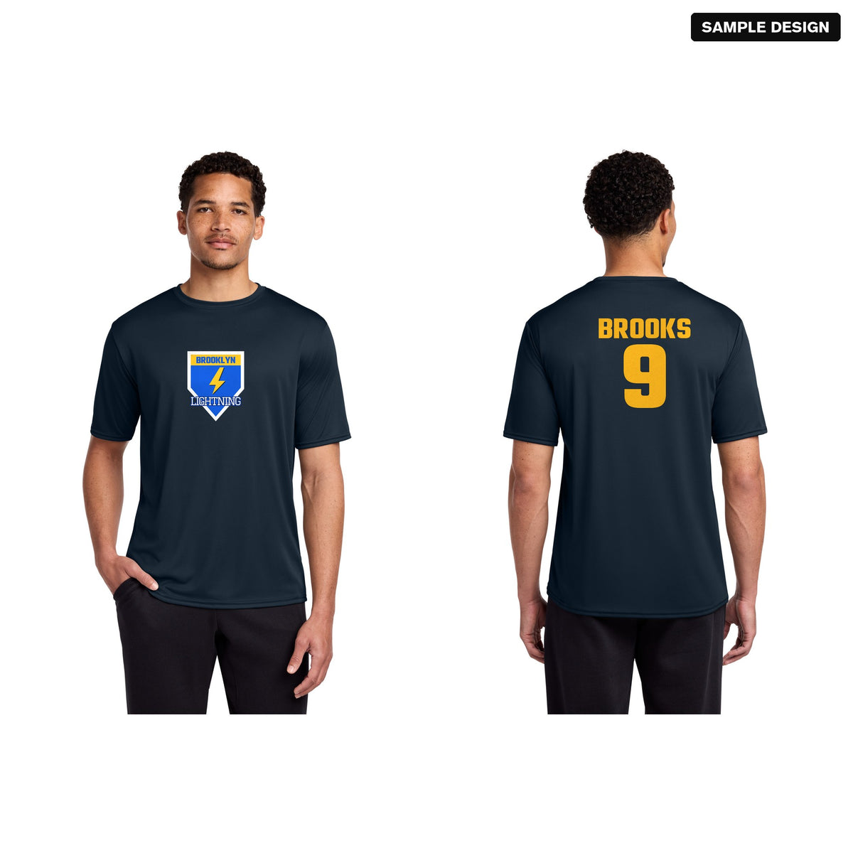 Port & Company PC380 Performance Team Tee in Deep Navy with a sample team logo on the front, and the back with player name BROOKS and number 9
