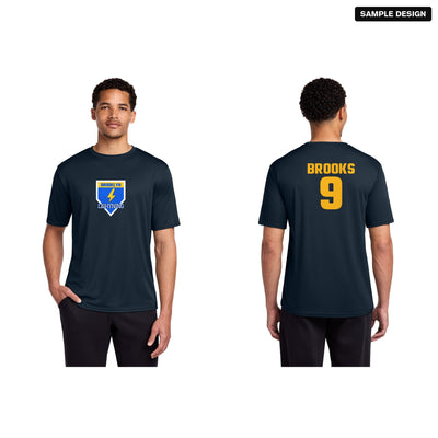 Port & Company PC380 Performance Team Tee in Deep Navy with a sample team logo on the front, and the back with player name BROOKS and number 9
