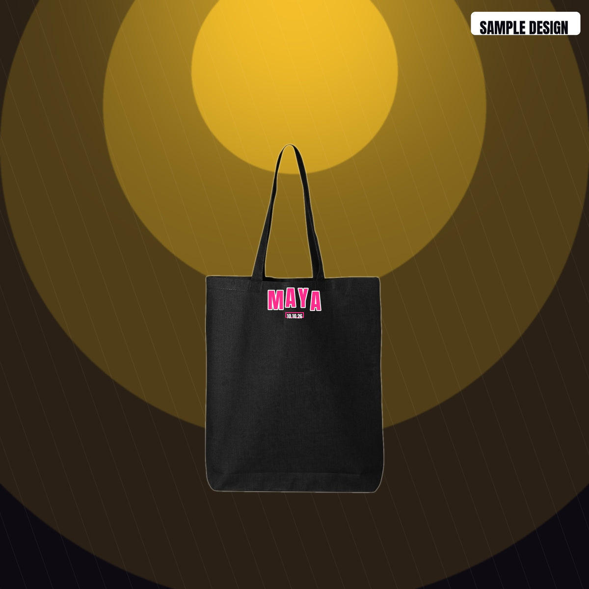 Mitzvah Party Favor Tote in black with a sample Varsity design (MAYA, 10.10.26)