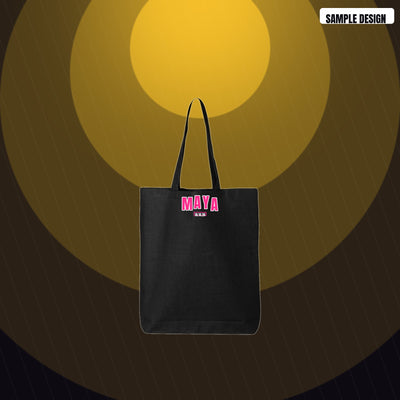 Mitzvah Party Favor Tote in black with a sample Varsity design (MAYA, 10.10.26)