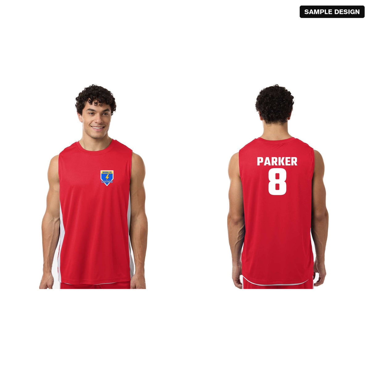 Team 365 TT115 Zone Performance Reversible Team Jersey in Sport Red/ White with a sample team logo on the front, and the back with player name PARKER and number 8