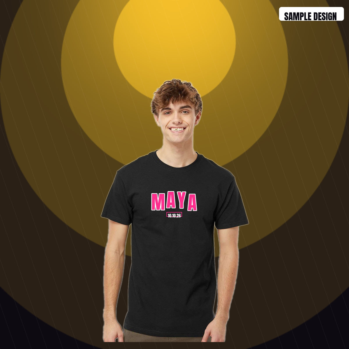 Mitzvah Party Tee in black with a sample Varsity design (MAYA, 10.10.26) on the chest