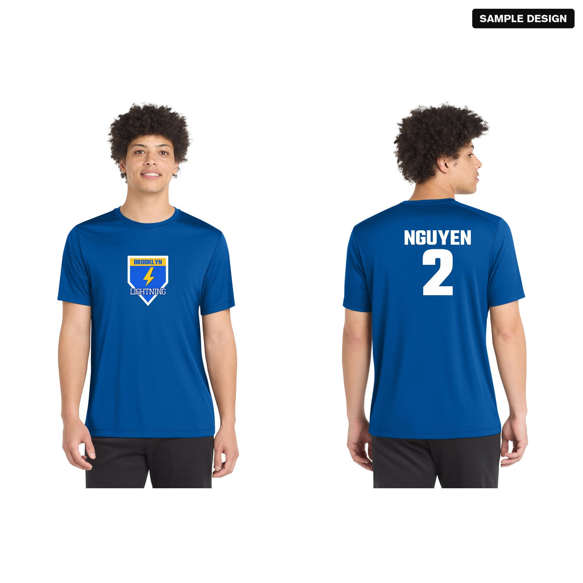 Sport-Tek ST420 Posi-UV Pro Team Tee in True Royal with a sample team logo on the front, and the back with player name NGUYEN and number 2