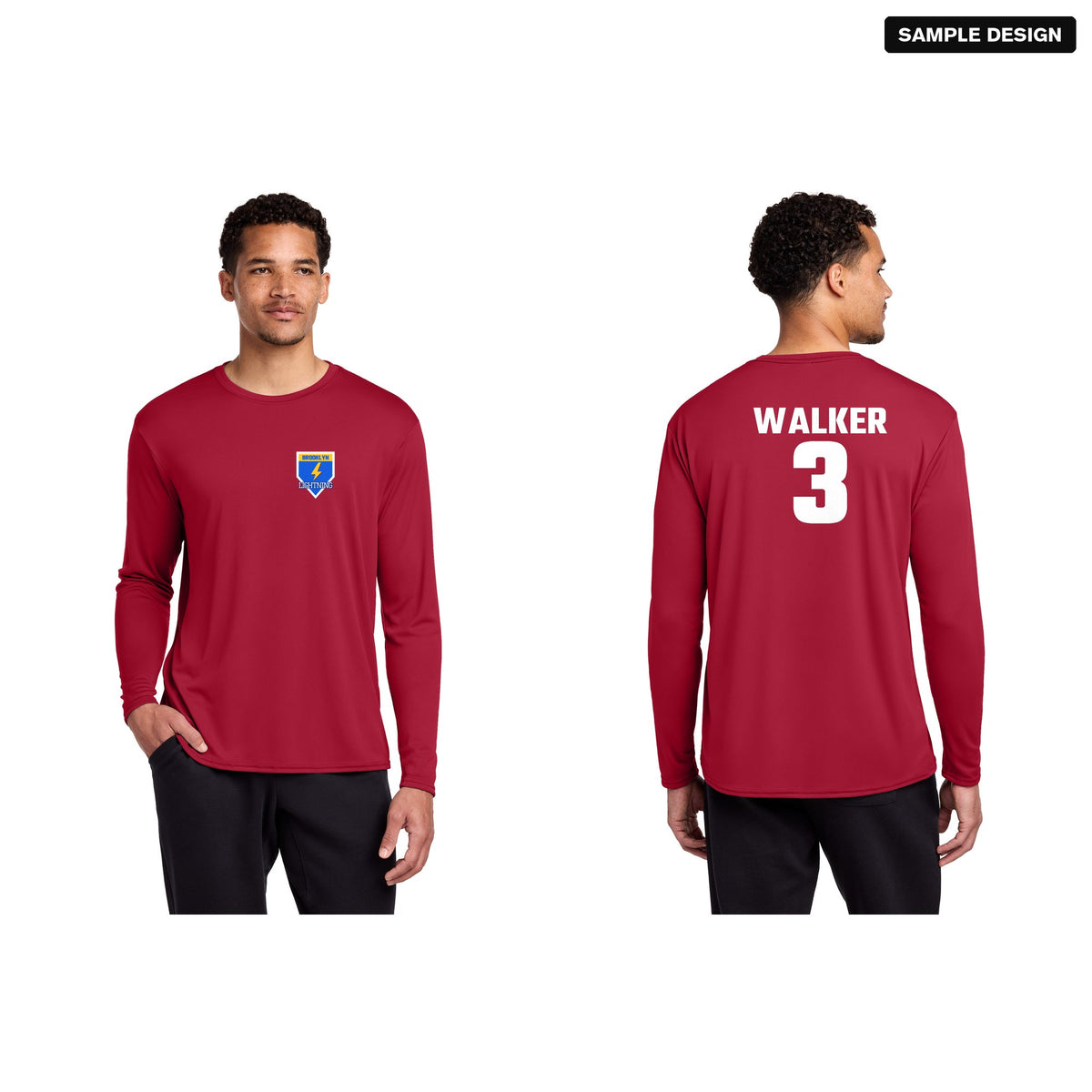 Port & Company PC380LS Long Sleeve Performance Team Tee in Red with a sample team logo on the front, and the back with player name WALKER and number 3
