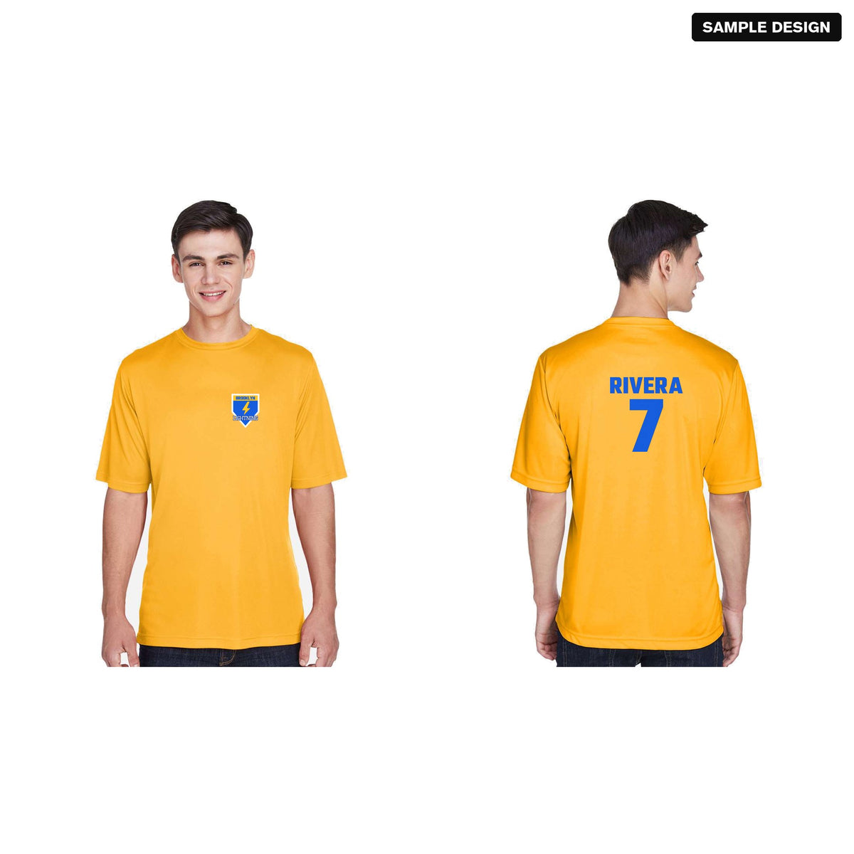 Team 365 TT11 Zone Performance Team Tee in Sport Athletic Gold with a sample team logo on the front, and the back with player name RIVERA and number 7