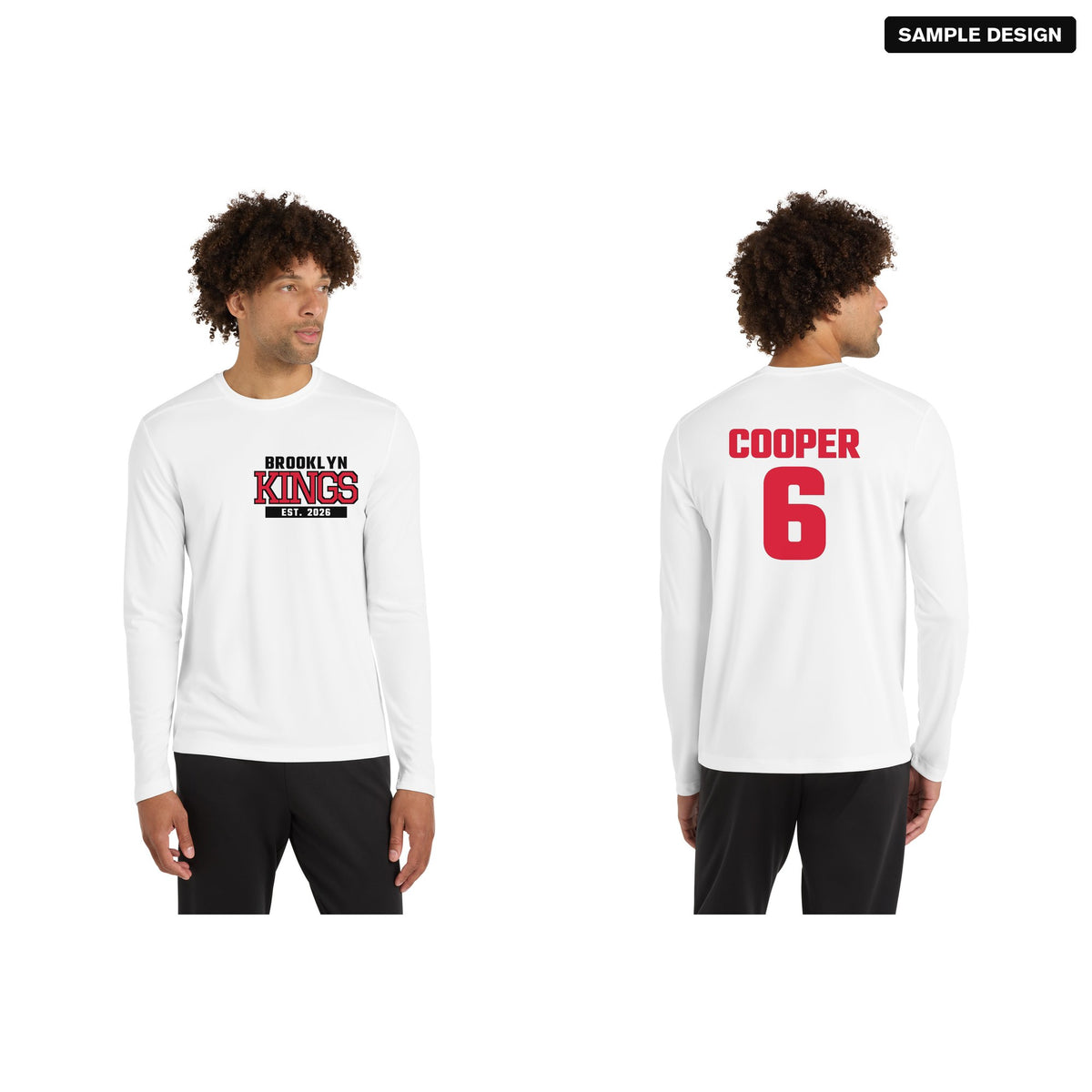 Sport-Tek ST420LS Posi-UV Pro Long Sleeve Team Tee in White with a sample team logo on the front, and the back with player name COOPER and number 6