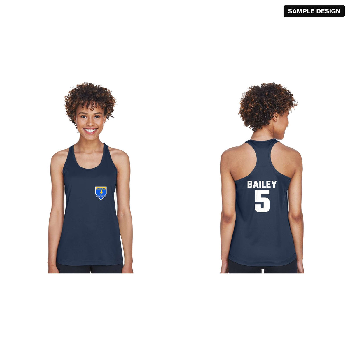 Team 365 TT11WRC Women's Zone Performance Racerback Team Tank in Sport Dark Navy with a sample team logo on the front, and the back with player name BAILEY and number 5