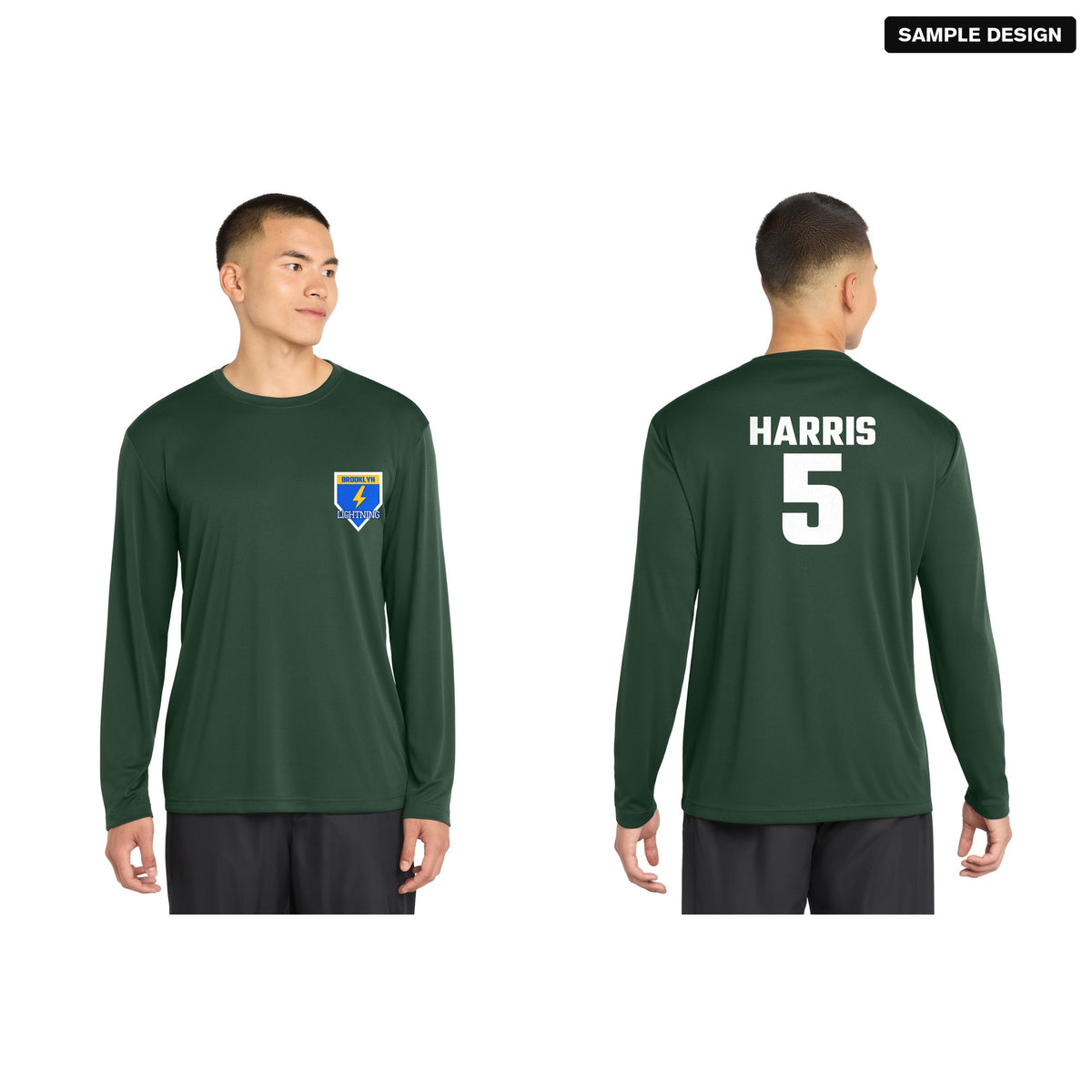 Sport-Tek ST350LS Long Sleeve PosiCharge Competitor Team Tee in Forest Green with a sample team logo on the front, and the back with player name HARRIS and number 5