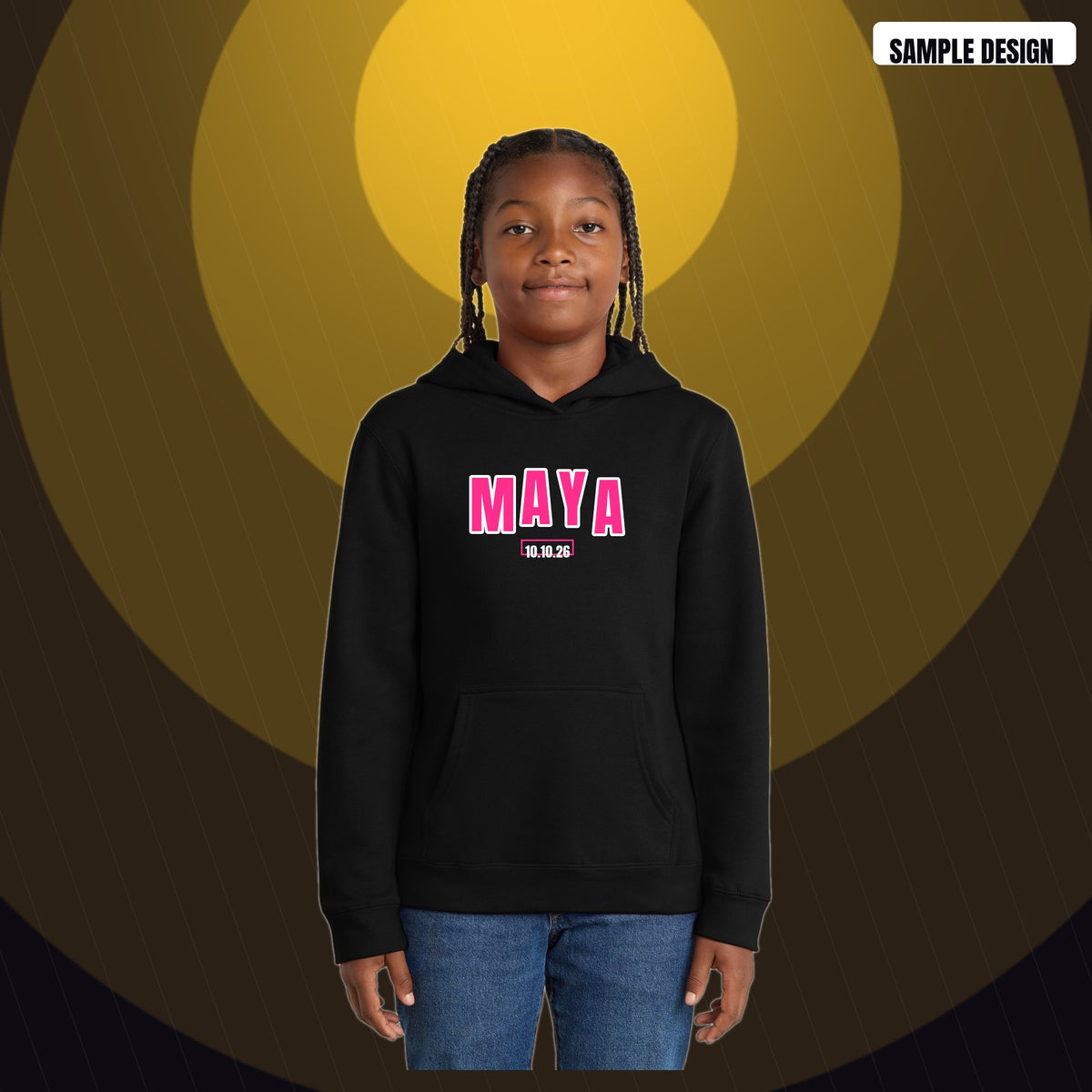 Mitzvah Party Hoodie in black with a sample Varsity design (MAYA, 10.10.26) on the chest