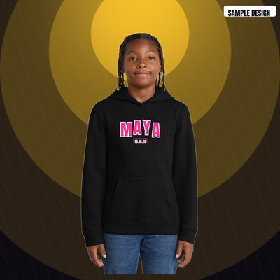 Mitzvah Party Hoodie in black with a sample Varsity design (MAYA, 10.10.26) on the chest