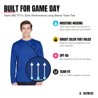 Built for game day: Team 365 TT11L Zone Performance Long Sleeve Team Tee in Sport Royal, with moisture-wicking; bright color that holds; upf 40+; team fit