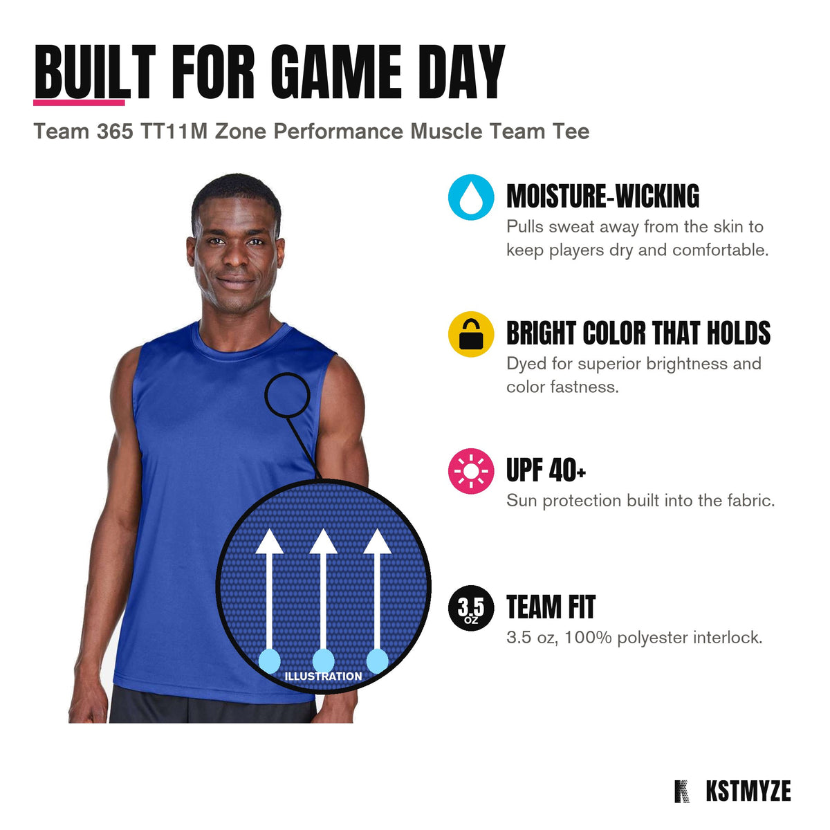 Built for game day: Team 365 TT11M Zone Performance Muscle Team Tee in Sport Royal, with moisture-wicking; bright color that holds; upf 40+; team fit