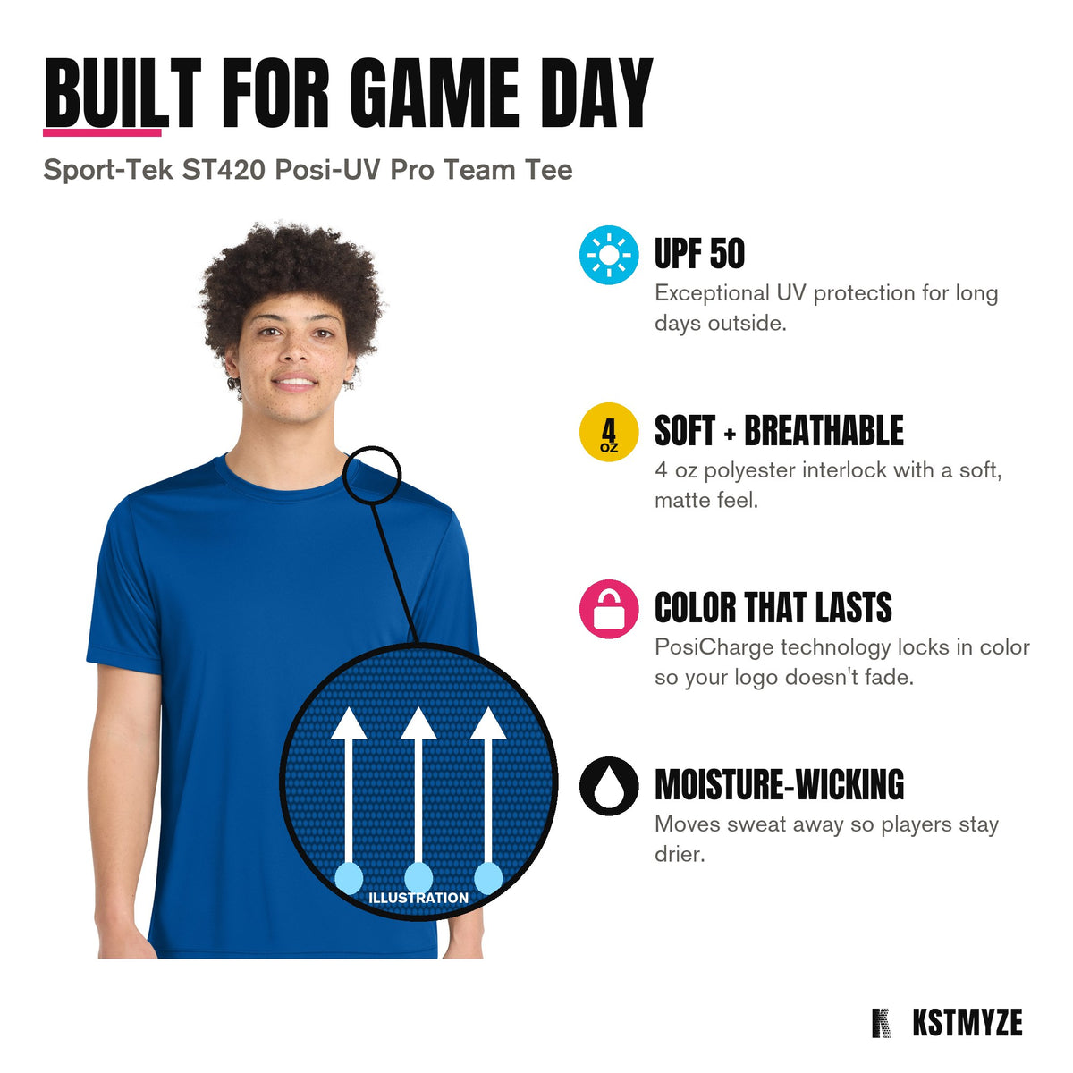 Built for game day: Sport-Tek ST420 Posi-UV Pro Team Tee in True Royal, with upf 50; soft + breathable; color that lasts; moisture-wicking