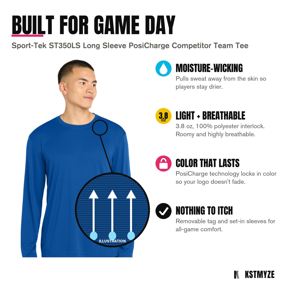 Built for game day: Sport-Tek ST350LS Long Sleeve PosiCharge Competitor Team Tee in True Royal, with moisture-wicking; light + breathable; color that lasts; nothing to itch