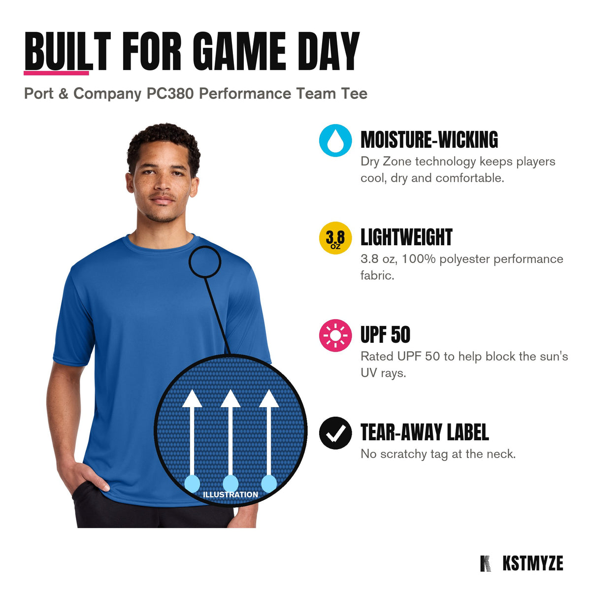 Built for game day: Port & Company PC380 Performance Team Tee in Royal, with moisture-wicking; lightweight; upf 50; tear-away label