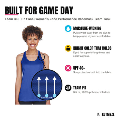 Built for game day: Team 365 TT11WRC Women's Zone Performance Racerback Team Tank in Sport Royal, with moisture-wicking; bright color that holds; upf 40+; team fit