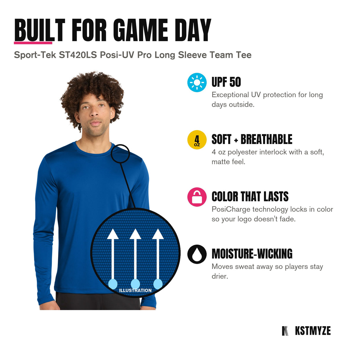Built for game day: Sport-Tek ST420LS Posi-UV Pro Long Sleeve Team Tee in True Royal, with upf 50; soft + breathable; color that lasts; moisture-wicking