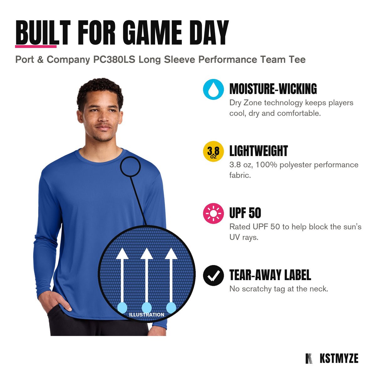 Built for game day: Port & Company PC380LS Long Sleeve Performance Team Tee in Royal, with moisture-wicking; lightweight; upf 50; tear-away label