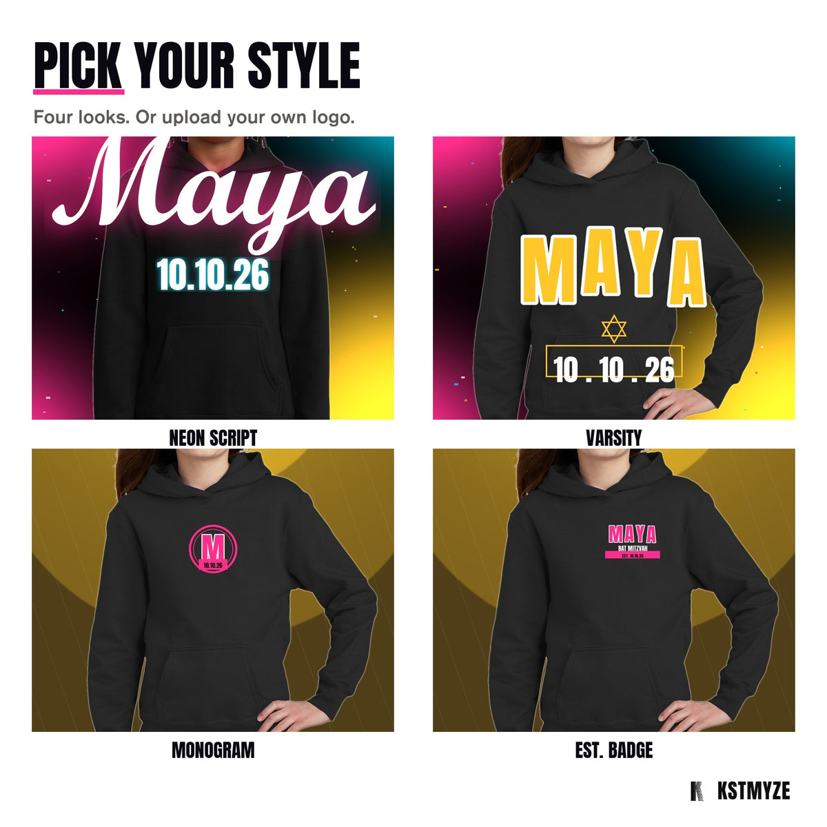Four mitzvah design styles: Neon Script, Varsity, Monogram and EST. Badge