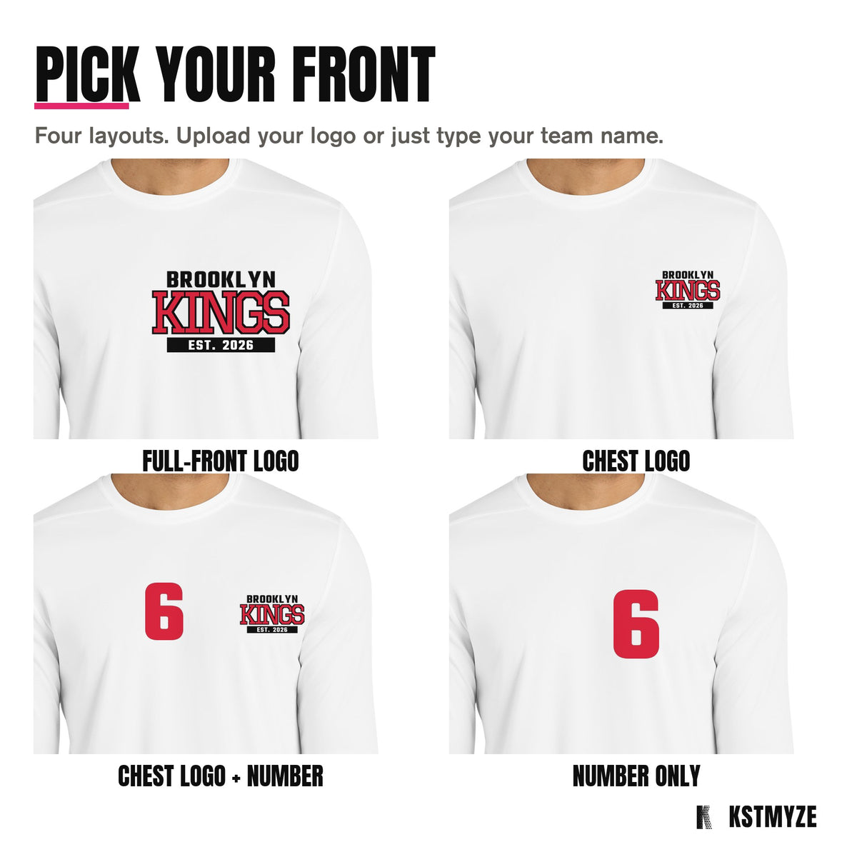 Four front layouts on the Sport-Tek ST420LS Posi-UV Pro Long Sleeve Team Tee: full-front logo, chest logo, chest logo with a number, and number only