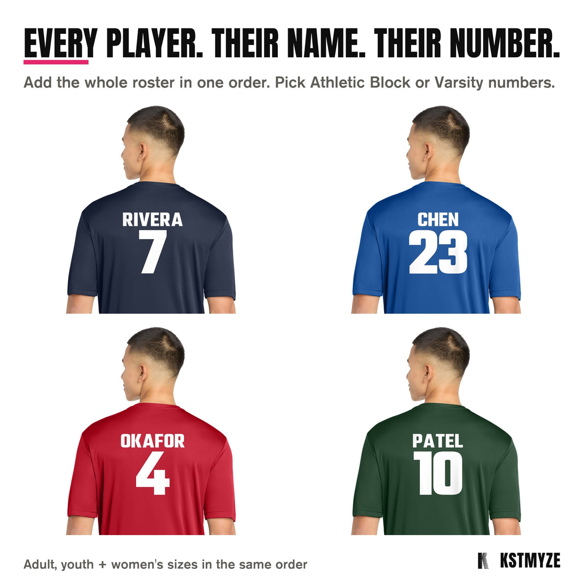 Every player, their name and number: ST350 team tees in navy, royal, red and forest green with RIVERA 7, CHEN 23, OKAFOR 4 and PATEL 10 on the back