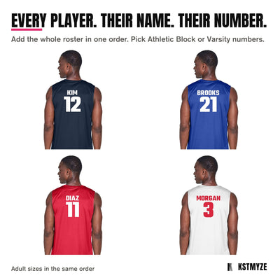 Every player, their name and number: Team 365 TT11M Zone Performance Muscle Team Tee backs with KIM 12 on Sport Dark Navy, BROOKS 21 on Sport Royal, DIAZ 11 on Sport Red, MORGAN 3 on White